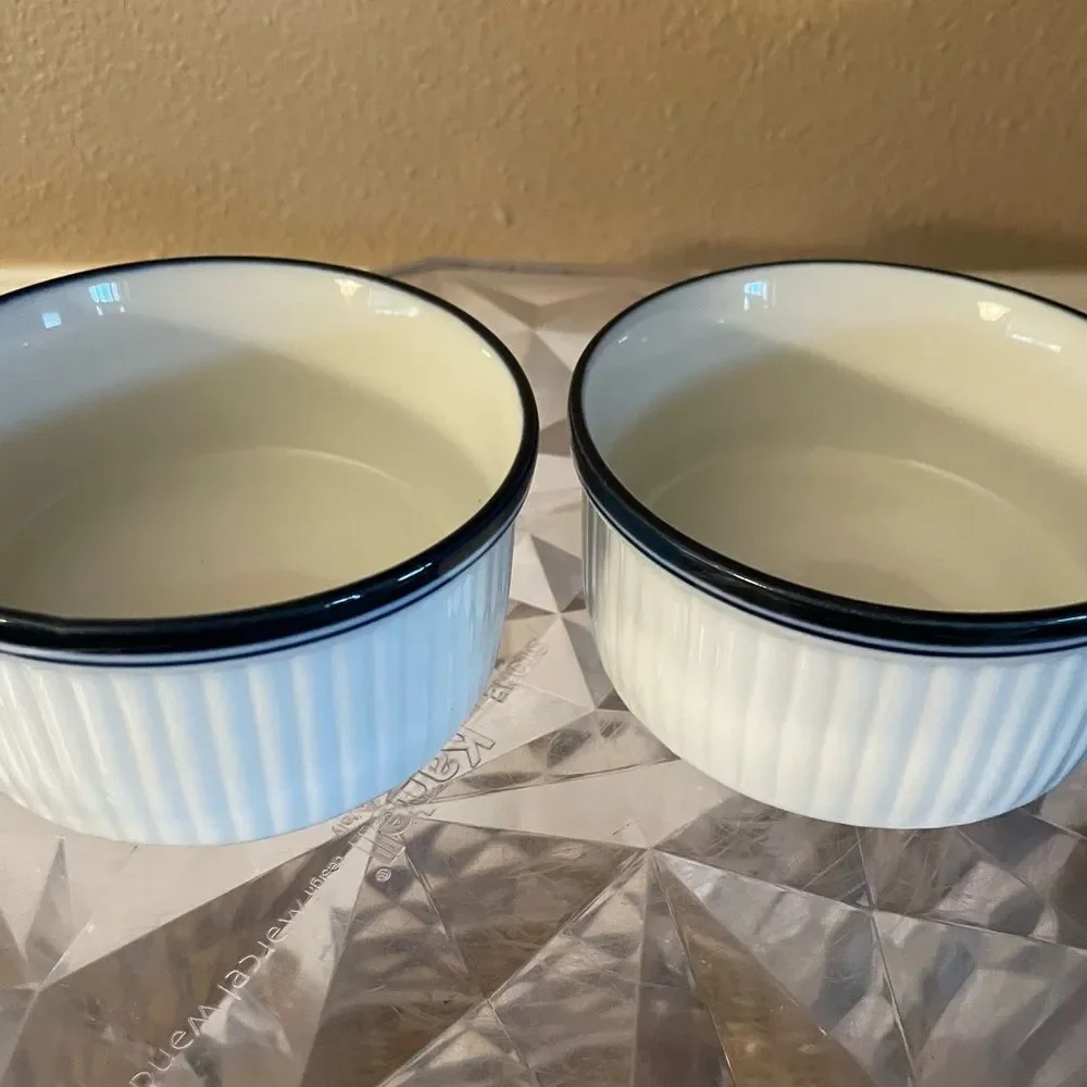 Dansk White Blue Rimmed Ribbed Bistro 4 inch Serving Bowls x 2 Portugal